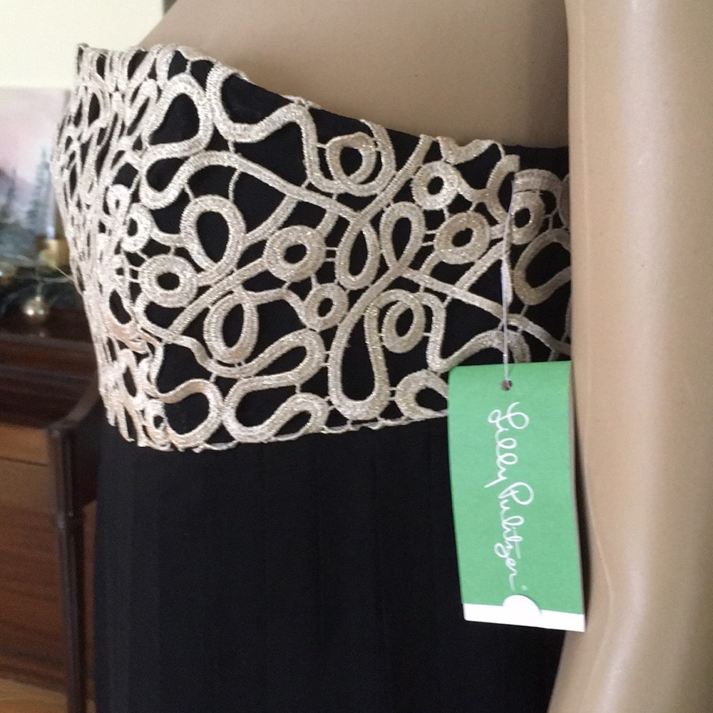 NWT Lilly Pulitzer black dress,gold trim, pleated - Picture 4 of 6
